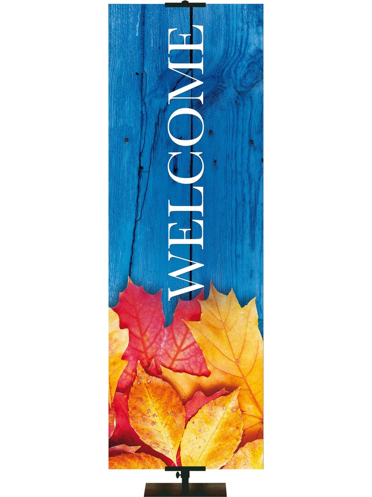 Irregular Stock Welcome Banner Fall Leaves and Blue Wooden Fence